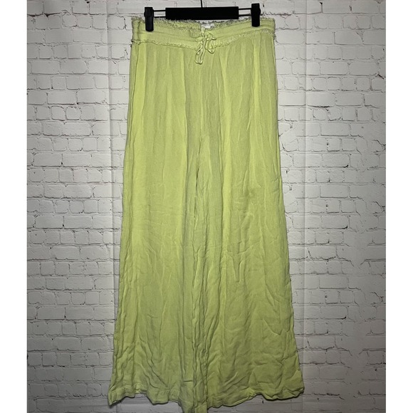 ONeill Womens Lime Green Crinkle Gauze Wide Leg Beach Pants Large Fringe Trim LG - Picture 2 of 5